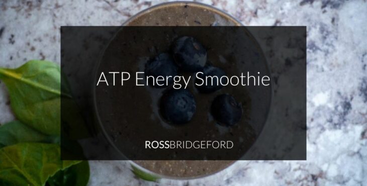 Energy Smoothie title image. Aerial of smoothie with blueberries on top.