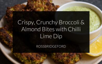 Close up and title of recipe: Broccoli & Almond Bites